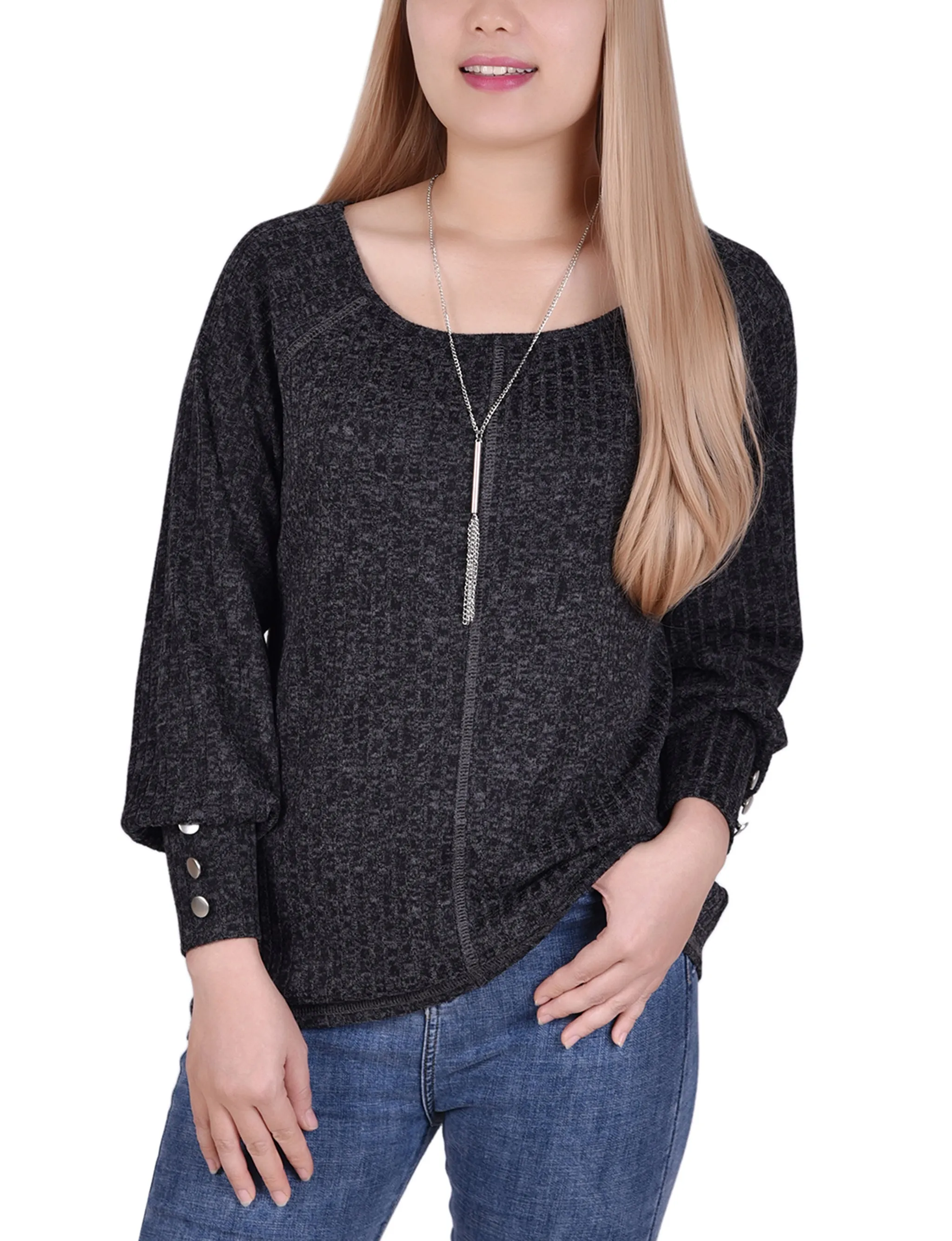 Petite Long Sleeve Ribbed Top With Detachable Necklace ZeroWaste Pattern Fashionable Style