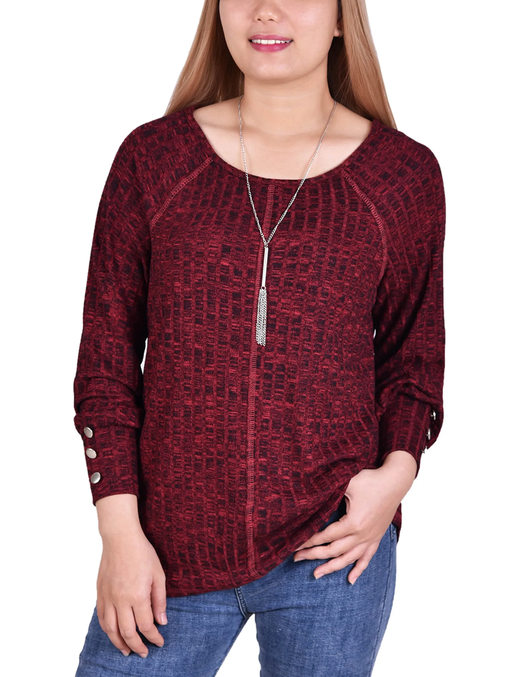 Petite Long Sleeve Ribbed Top With Detachable Necklace Sporty Design Fashion Statement