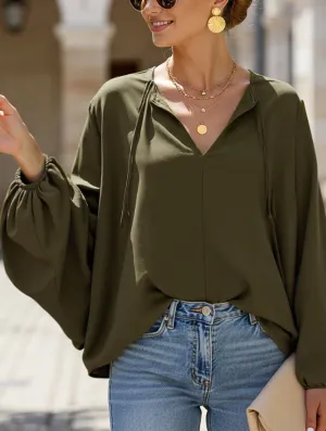 Short V-Neck Lace-Up Casual Top for Women Adjustable Hem Flatlock stitching