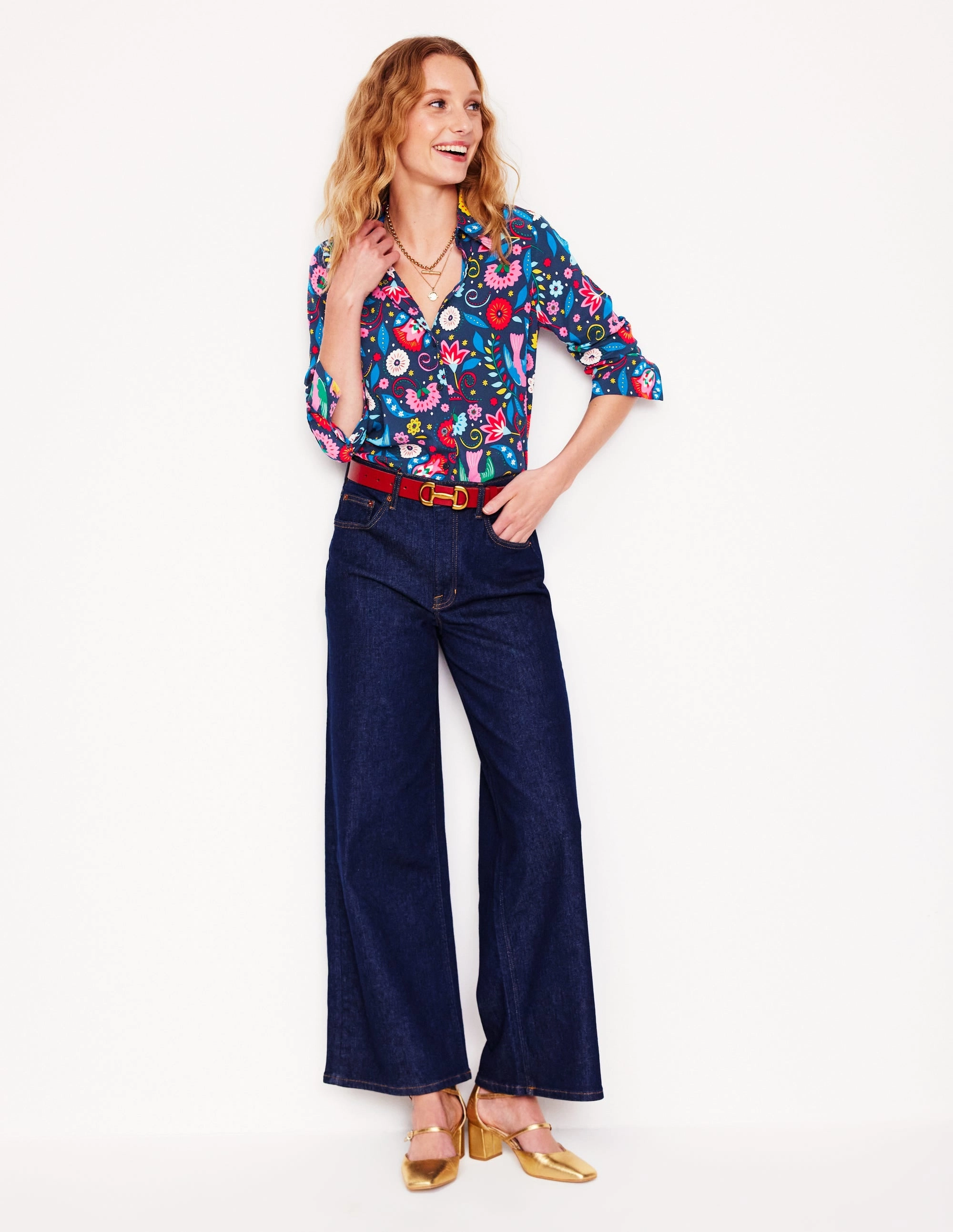 Sienna Silk Shirt-French Navy, Decorative Garden BondedShoulder UPFProtection