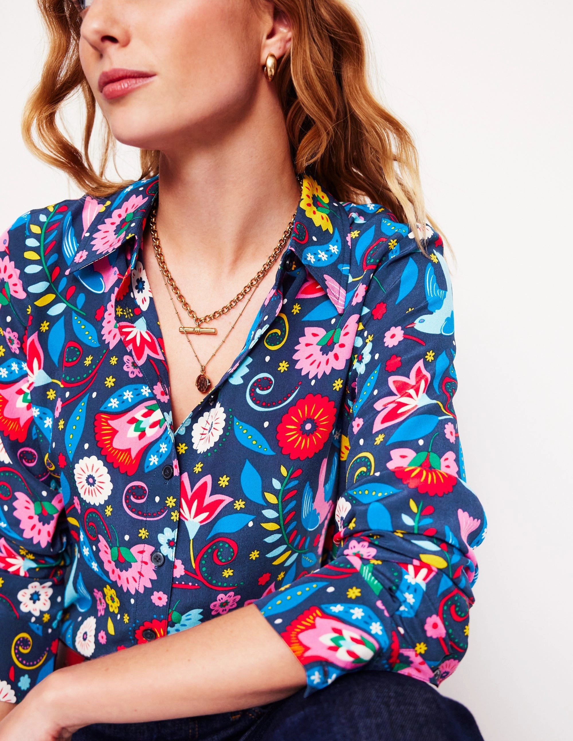 Sienna Silk Shirt-French Navy, Decorative Garden Cold Weather