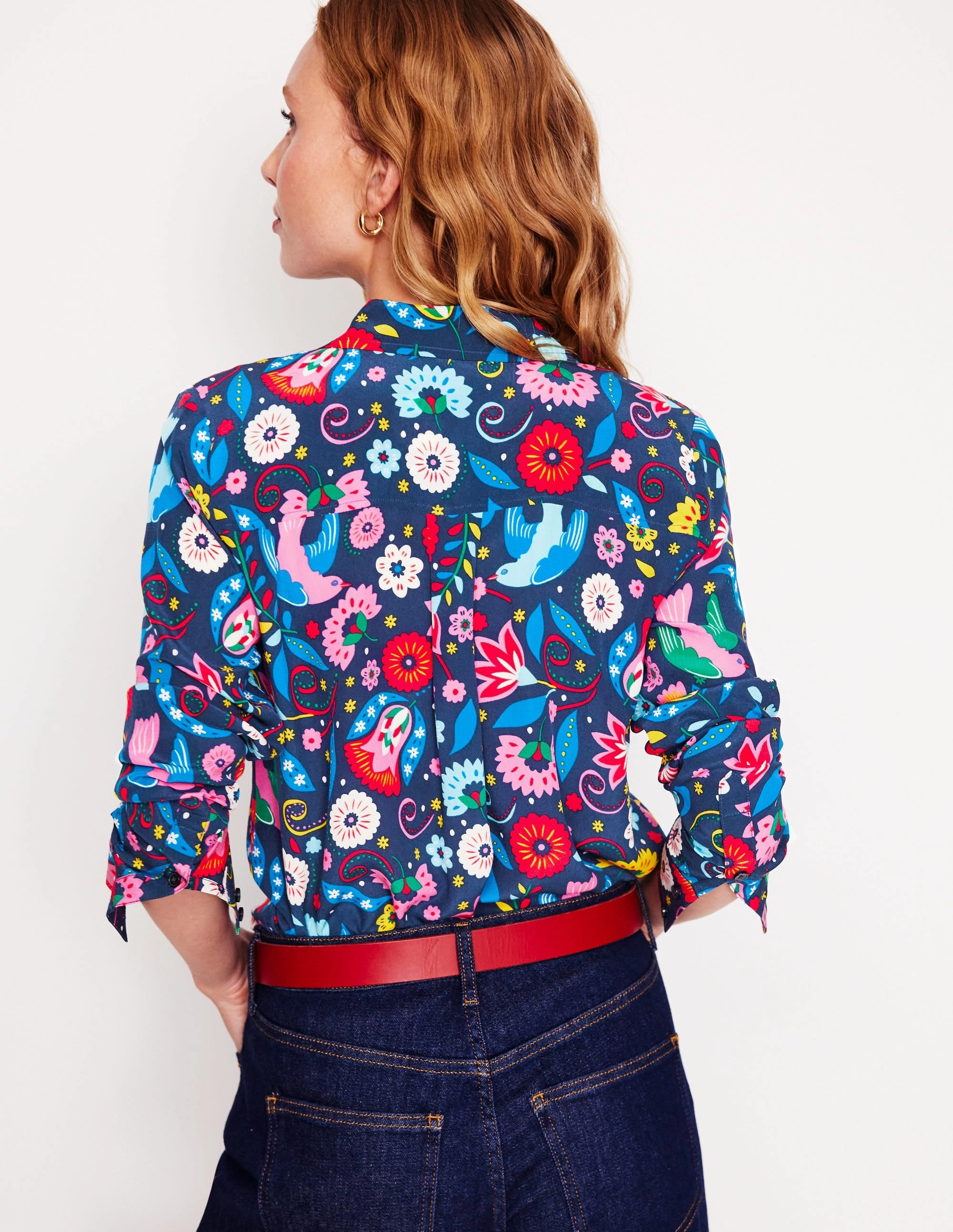 Sienna Silk Shirt-French Navy, Decorative Garden Cool Fabric
