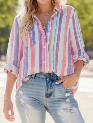 PreShrunkFabric WrinkleFree Weaving Bold Contrast Stripe Long Sleeve Shirt ??Trendy Women's Button-Up Blouse