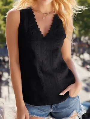 V-Neck Lace Sleeveless Solid Color Casual Tank Top ??Chic & Comfortable Essential ErgonomicSleeves
