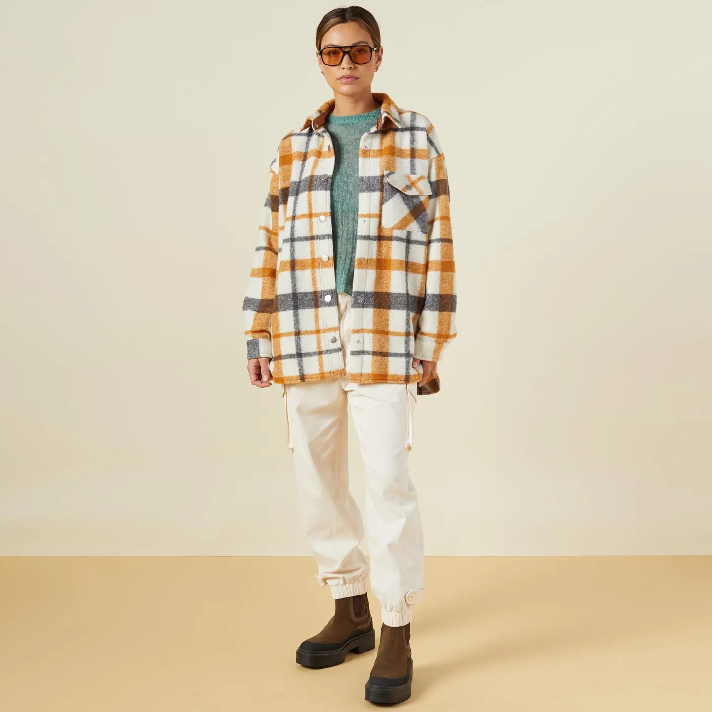Casual Long Sleeve Taped Neckline Plaid Shacket