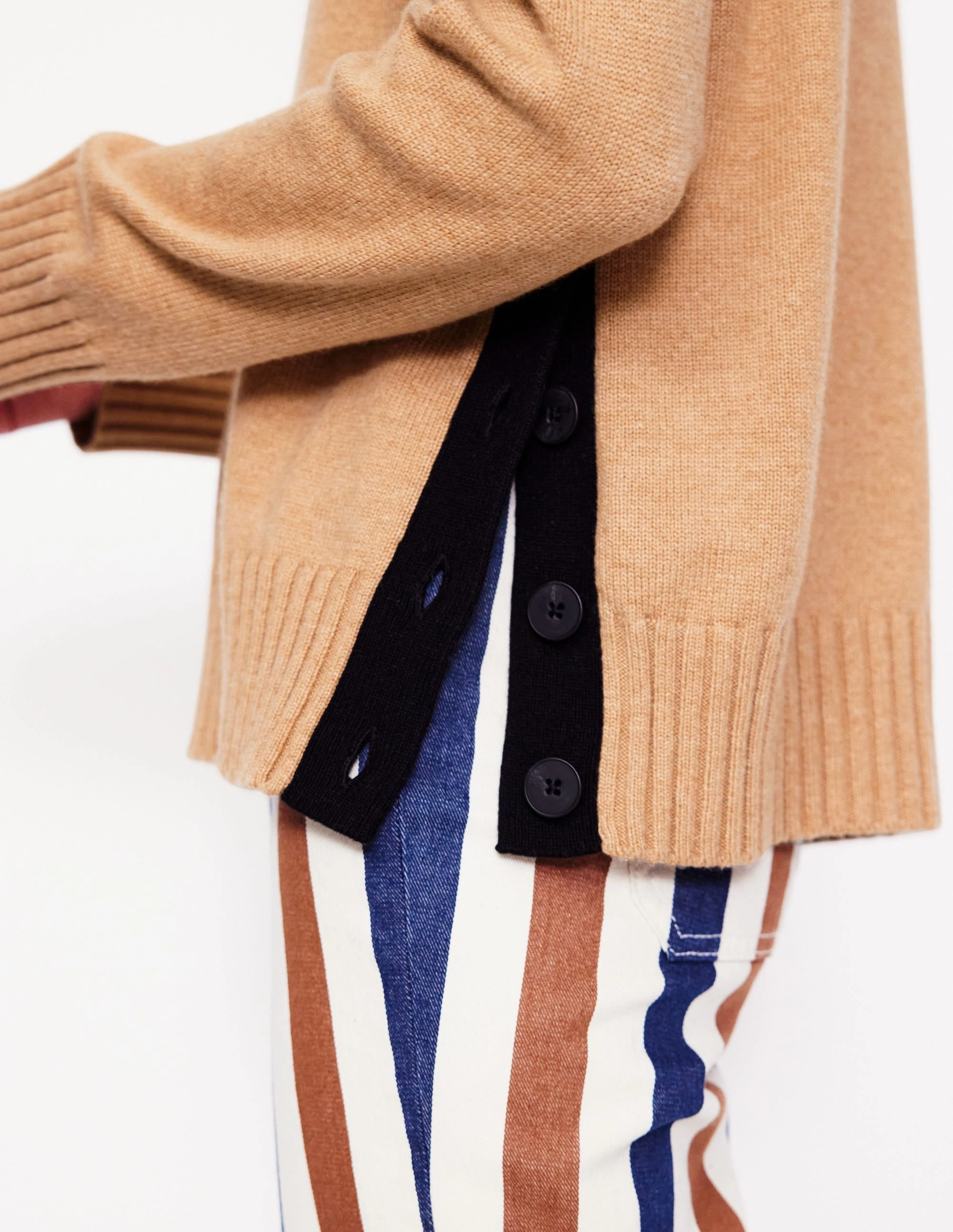 Zia Button Side Jumper-Camel Melange Turtle Neck Variant Interlock Weave