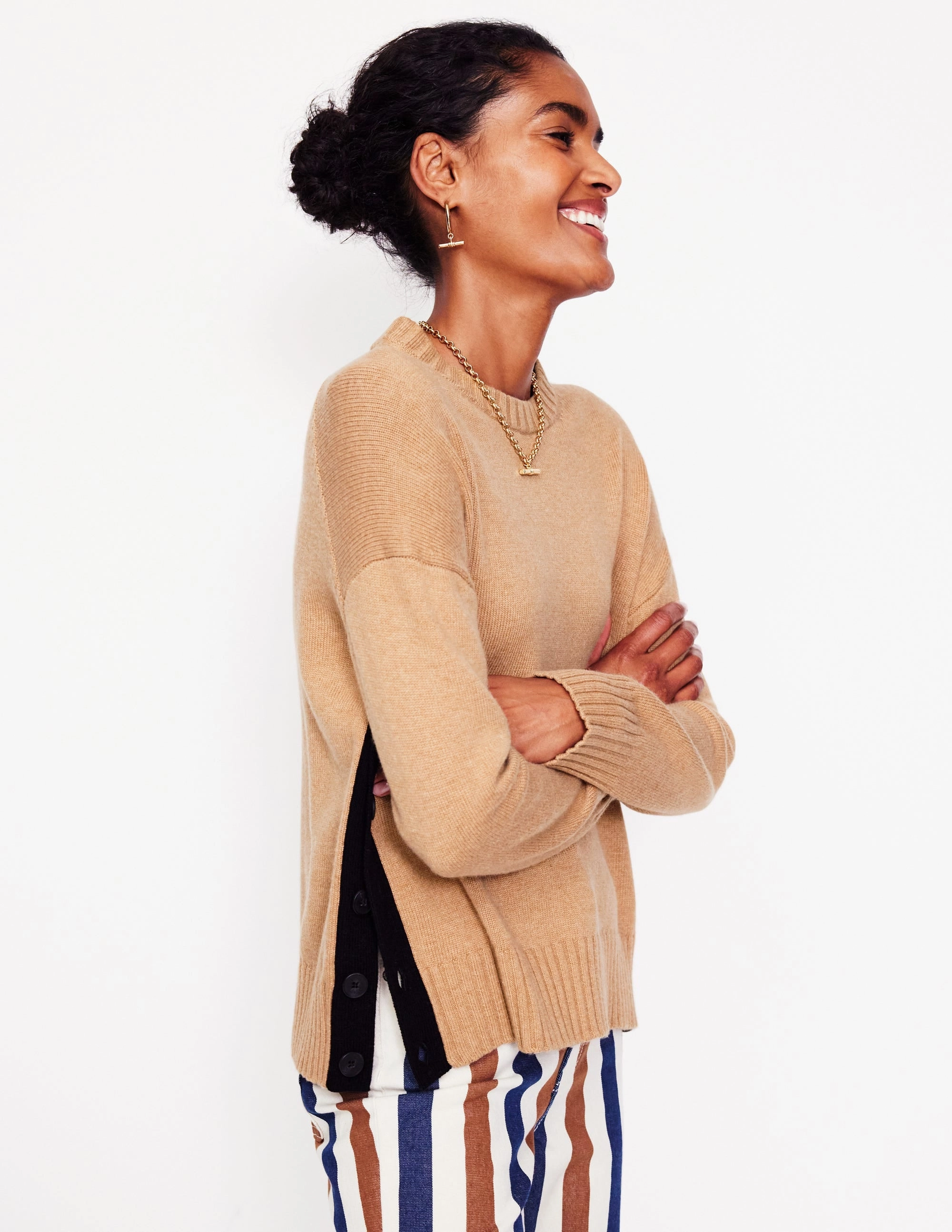 Zia Button Side Jumper-Camel Melange windy days