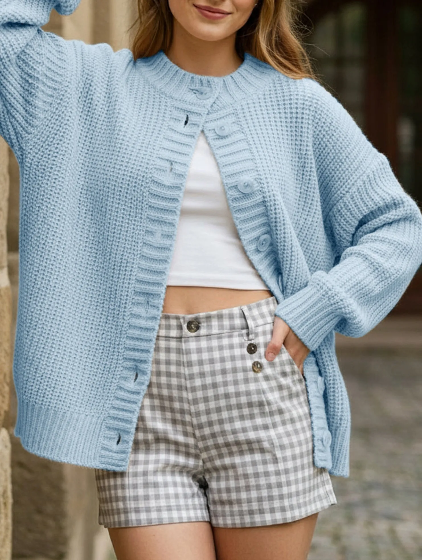 Crew neck single-breasted knitted cardigan Stretchable Waistband Activewear Top