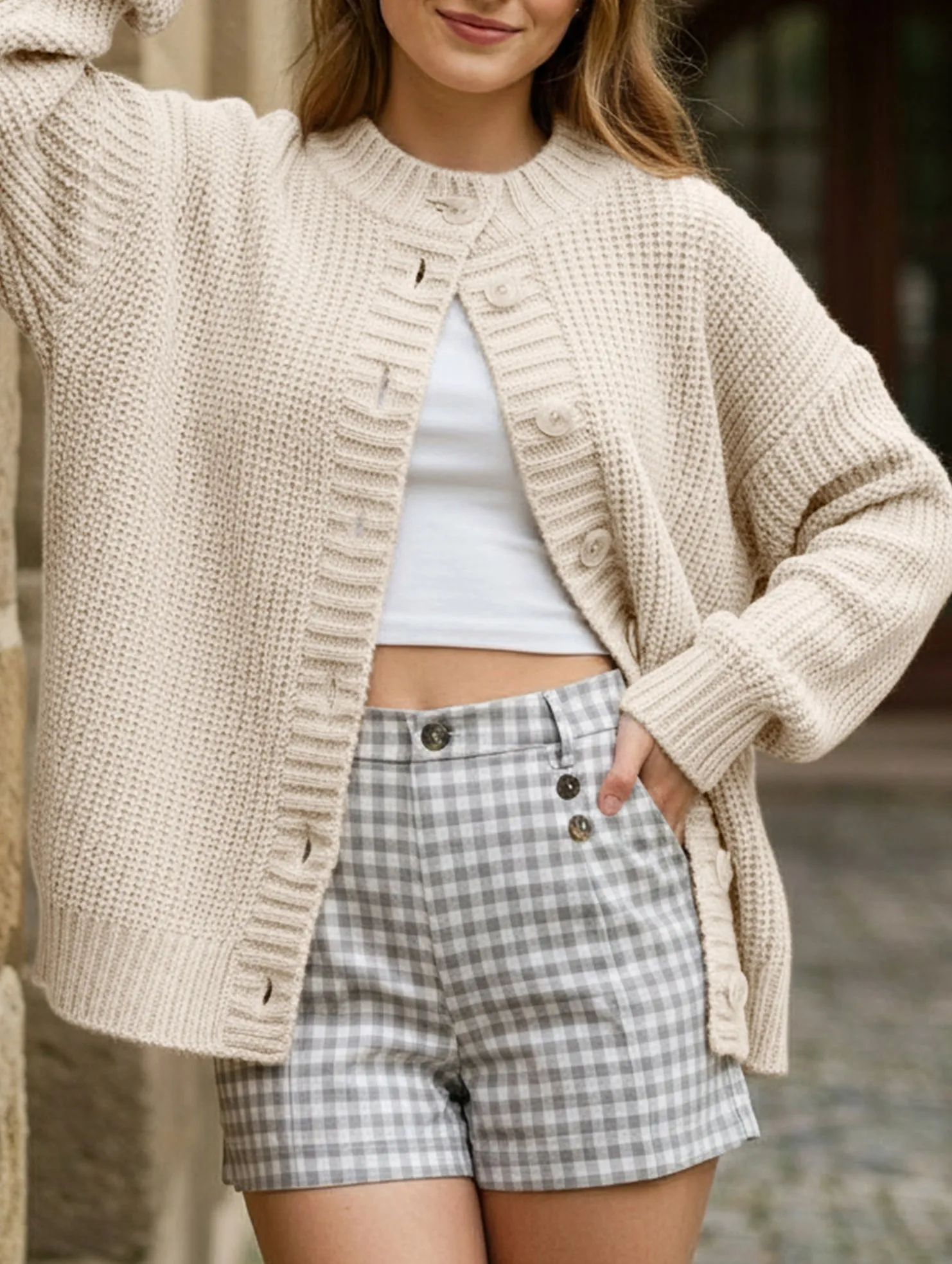 High Collar Option Midweight Four Way Stretch Crew neck single-breasted knitted cardigan