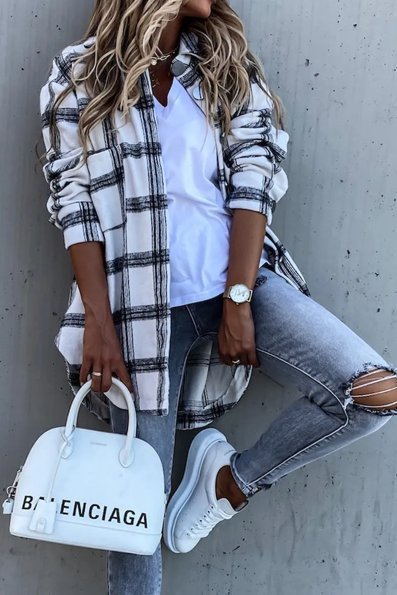 WOMEN PLAID PATTERN OVERSIZED BUTTONED SHACKET slim fit Drop Shoulder