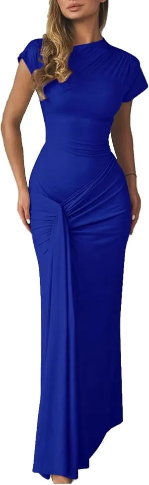 Mojessy Women Bodycon Maxi Dress Sexy Mock Neck Lace Up Bandage Ruched Short Sleeve Long Dress Cocktail Dress
