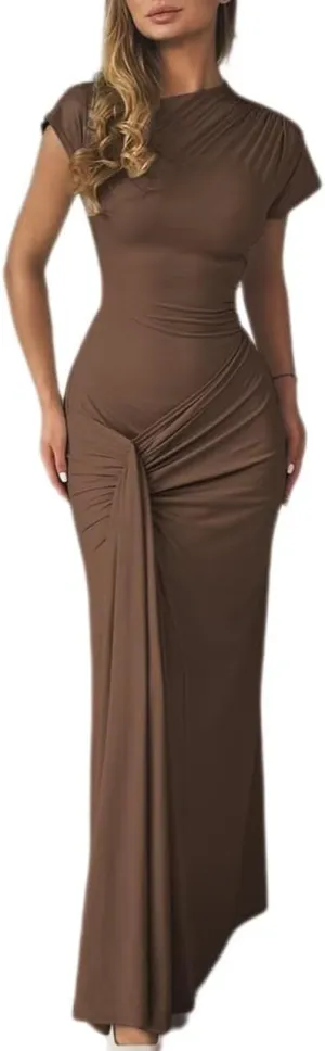 Mojessy Women Bodycon Maxi Dress Sexy Mock Neck Lace Up Bandage Ruched Short Sleeve Long Dress Cocktail Dress