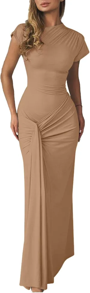 Mojessy Women Bodycon Maxi Dress Sexy Mock Neck Lace Up Bandage Ruched Short Sleeve Long Dress Cocktail Dress