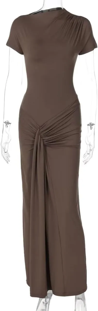 Mojessy Women Bodycon Maxi Dress Sexy Mock Neck Lace Up Bandage Ruched Short Sleeve Long Dress Cocktail Dress