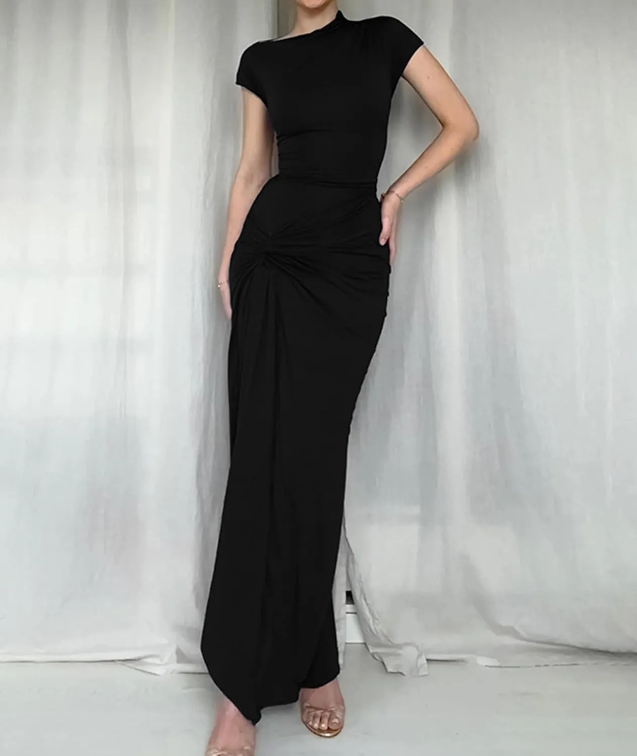 Mojessy Women Bodycon Maxi Dress Sexy Mock Neck Lace Up Bandage Ruched Short Sleeve Long Dress Cocktail Dress
