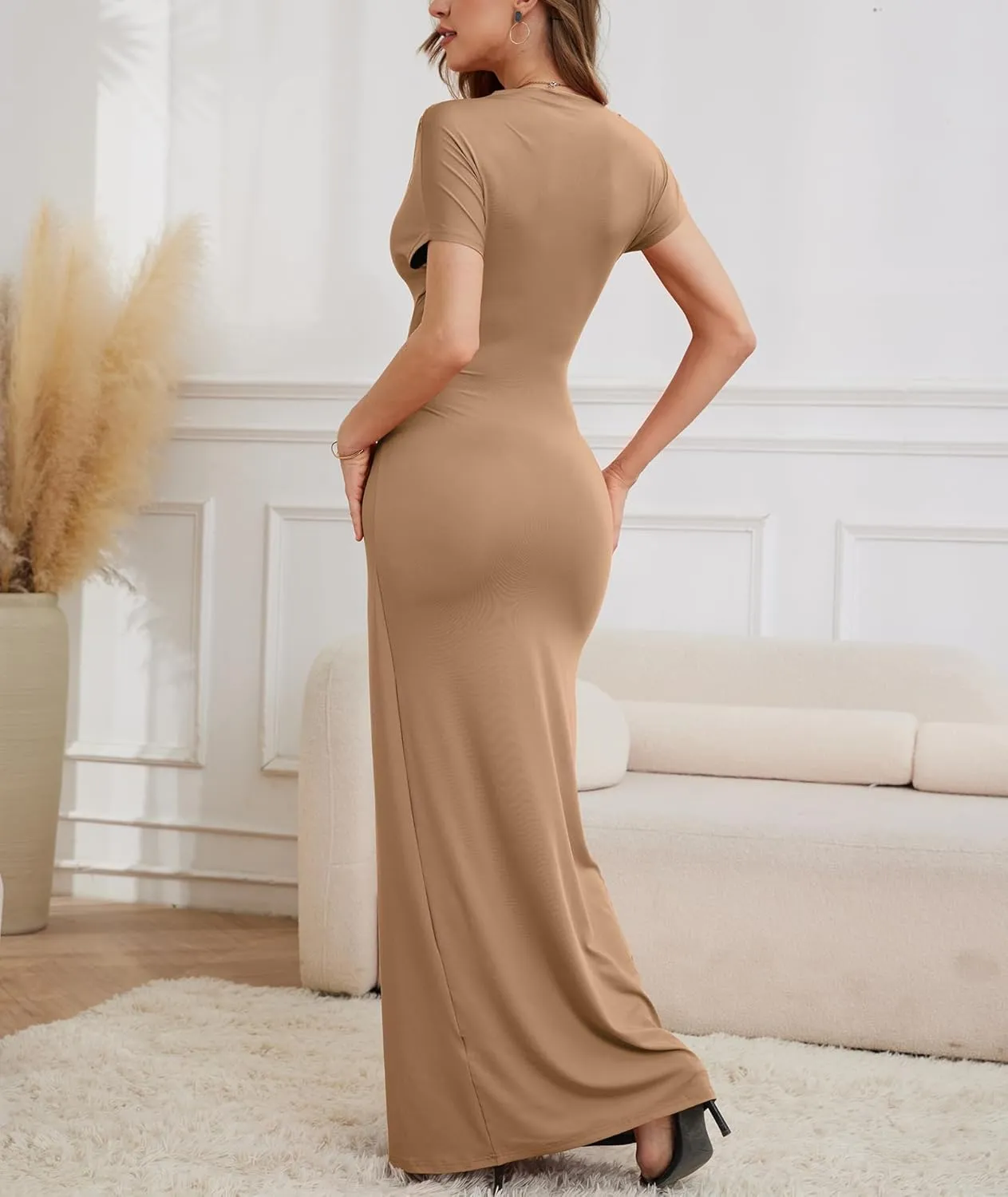 Mojessy Women Bodycon Maxi Dress Sexy Mock Neck Lace Up Bandage Ruched Short Sleeve Long Dress Cocktail Dress