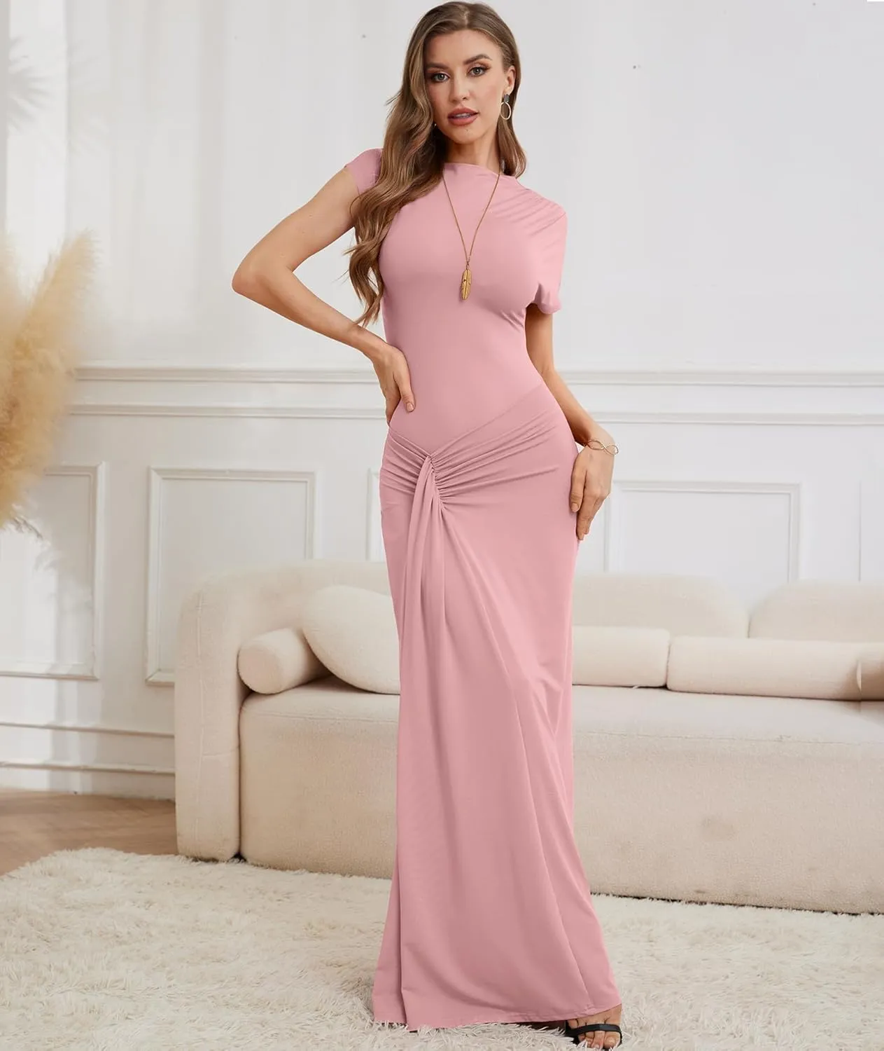 Mojessy Women Bodycon Maxi Dress Sexy Mock Neck Lace Up Bandage Ruched Short Sleeve Long Dress Cocktail Dress