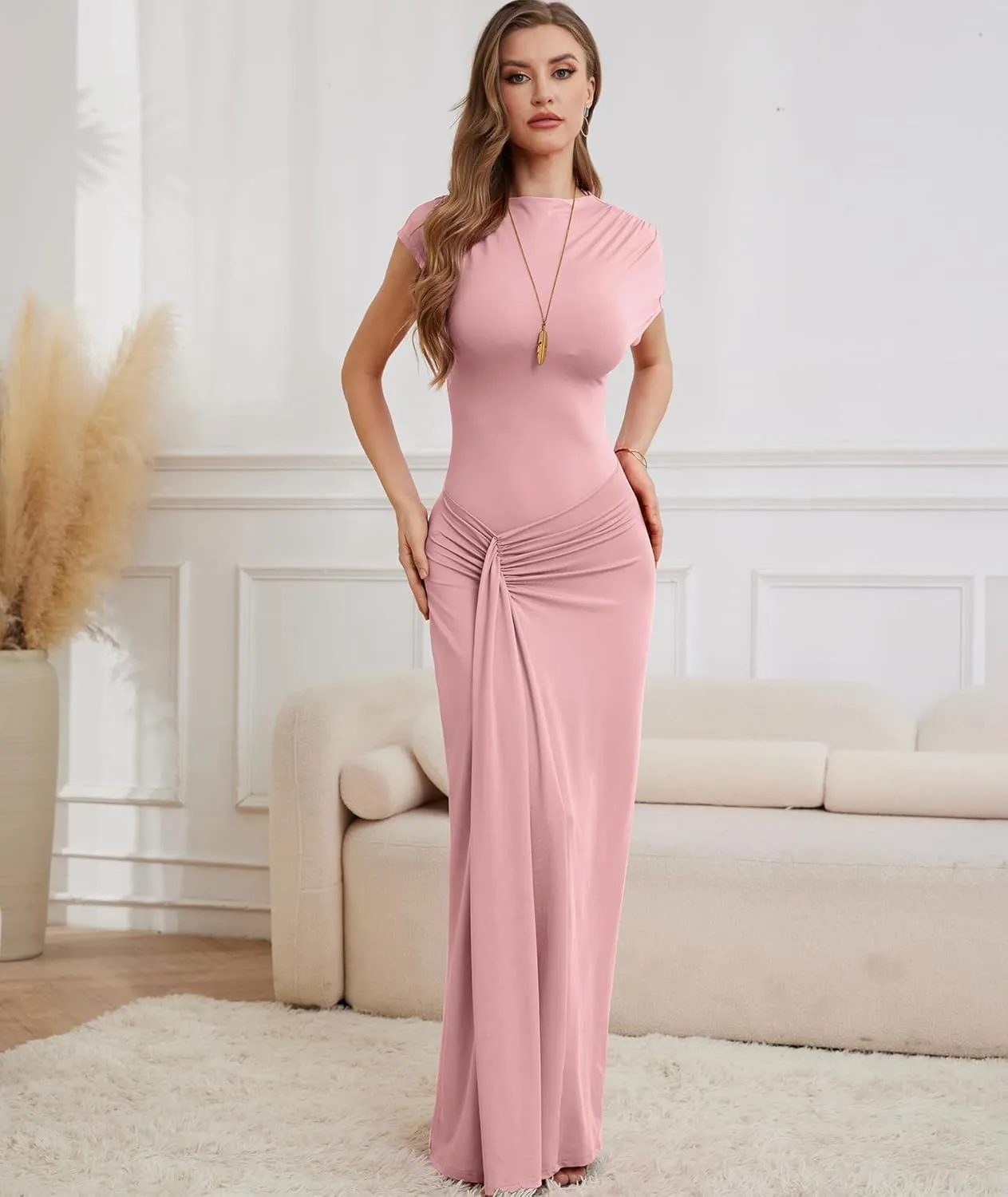 Mojessy Women Bodycon Maxi Dress Sexy Mock Neck Lace Up Bandage Ruched Short Sleeve Long Dress Cocktail Dress