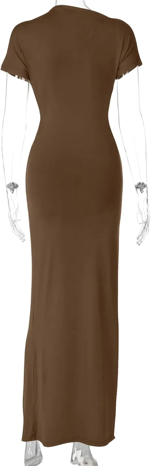 Mojessy Women Bodycon Maxi Dress Sexy Mock Neck Lace Up Bandage Ruched Short Sleeve Long Dress Cocktail Dress