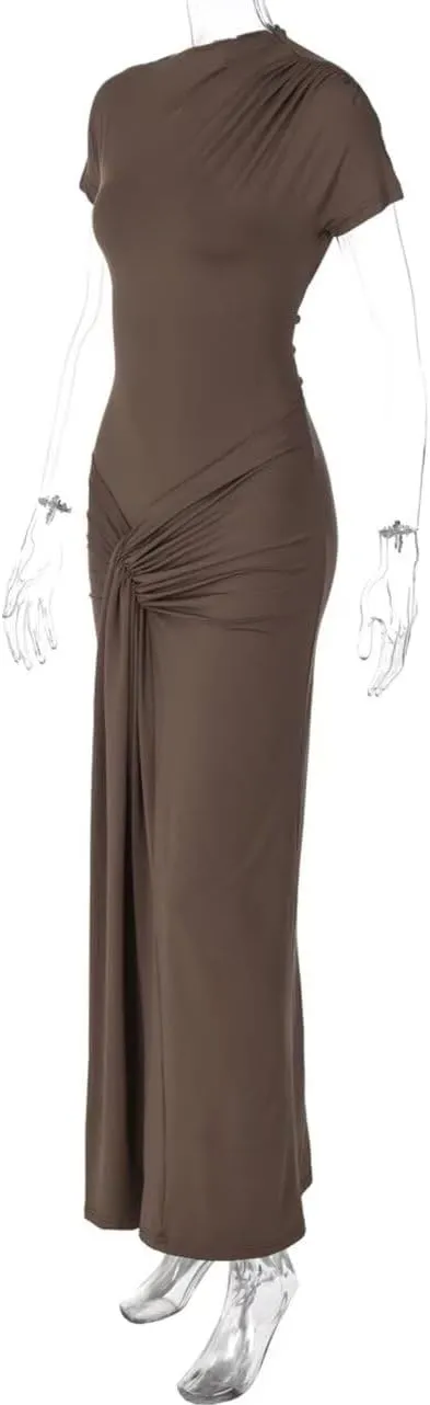 Mojessy Women Bodycon Maxi Dress Sexy Mock Neck Lace Up Bandage Ruched Short Sleeve Long Dress Cocktail Dress