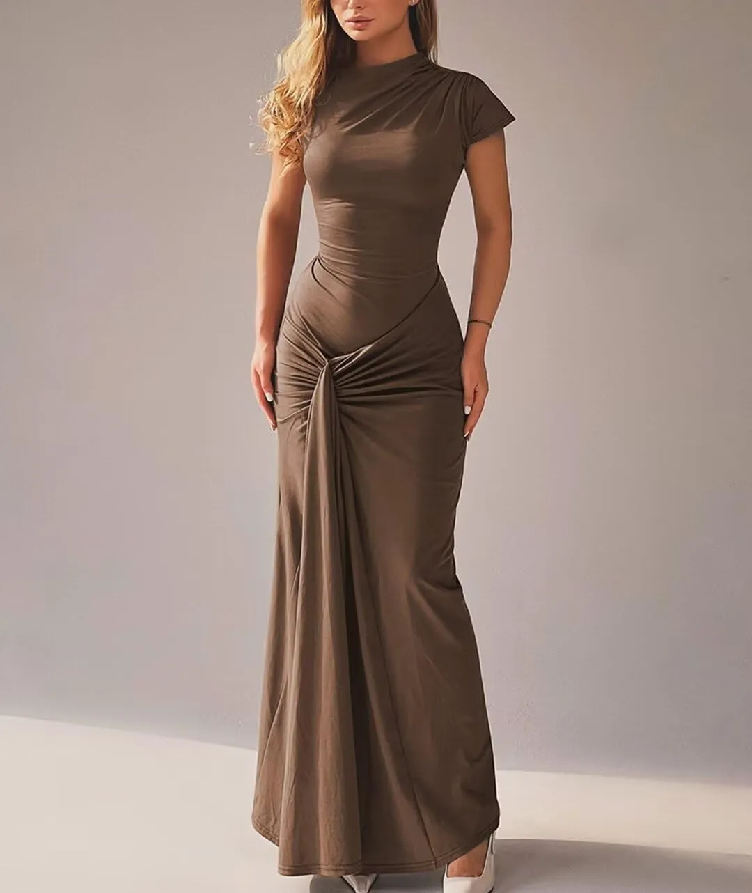 Mojessy Women Bodycon Maxi Dress Sexy Mock Neck Lace Up Bandage Ruched Short Sleeve Long Dress Cocktail Dress