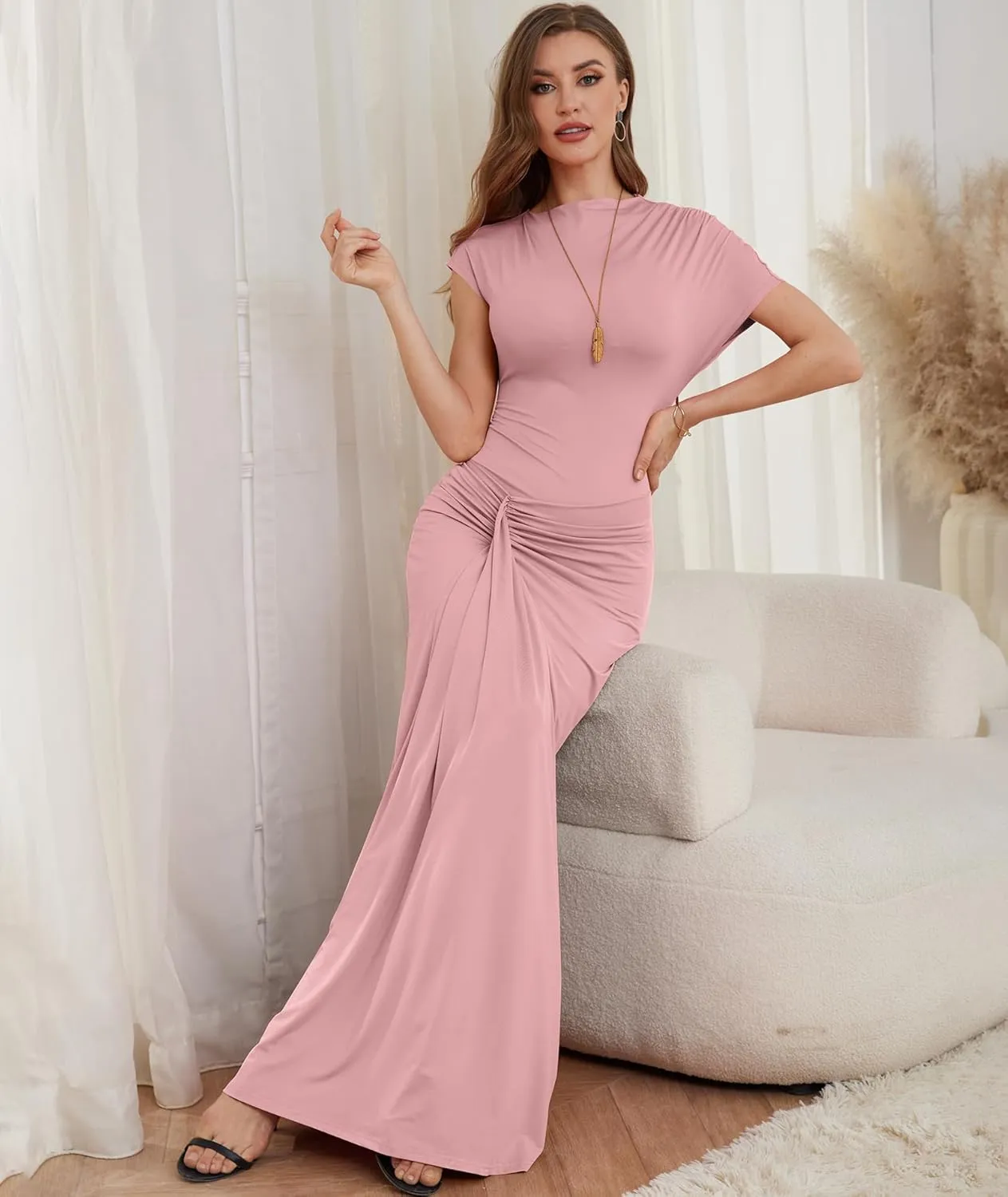 Mojessy Women Bodycon Maxi Dress Sexy Mock Neck Lace Up Bandage Ruched Short Sleeve Long Dress Cocktail Dress