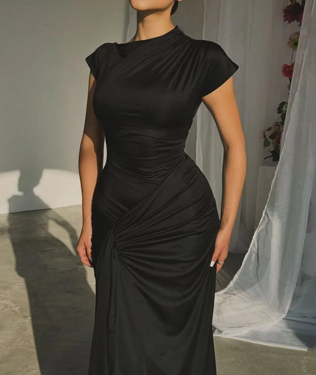 Mojessy Women Bodycon Maxi Dress Sexy Mock Neck Lace Up Bandage Ruched Short Sleeve Long Dress Cocktail Dress