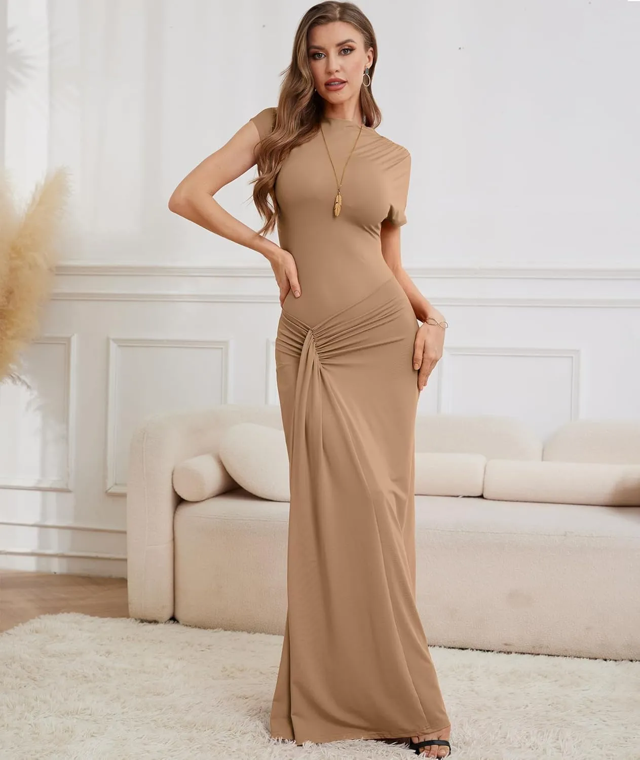 Mojessy Women Bodycon Maxi Dress Sexy Mock Neck Lace Up Bandage Ruched Short Sleeve Long Dress Cocktail Dress