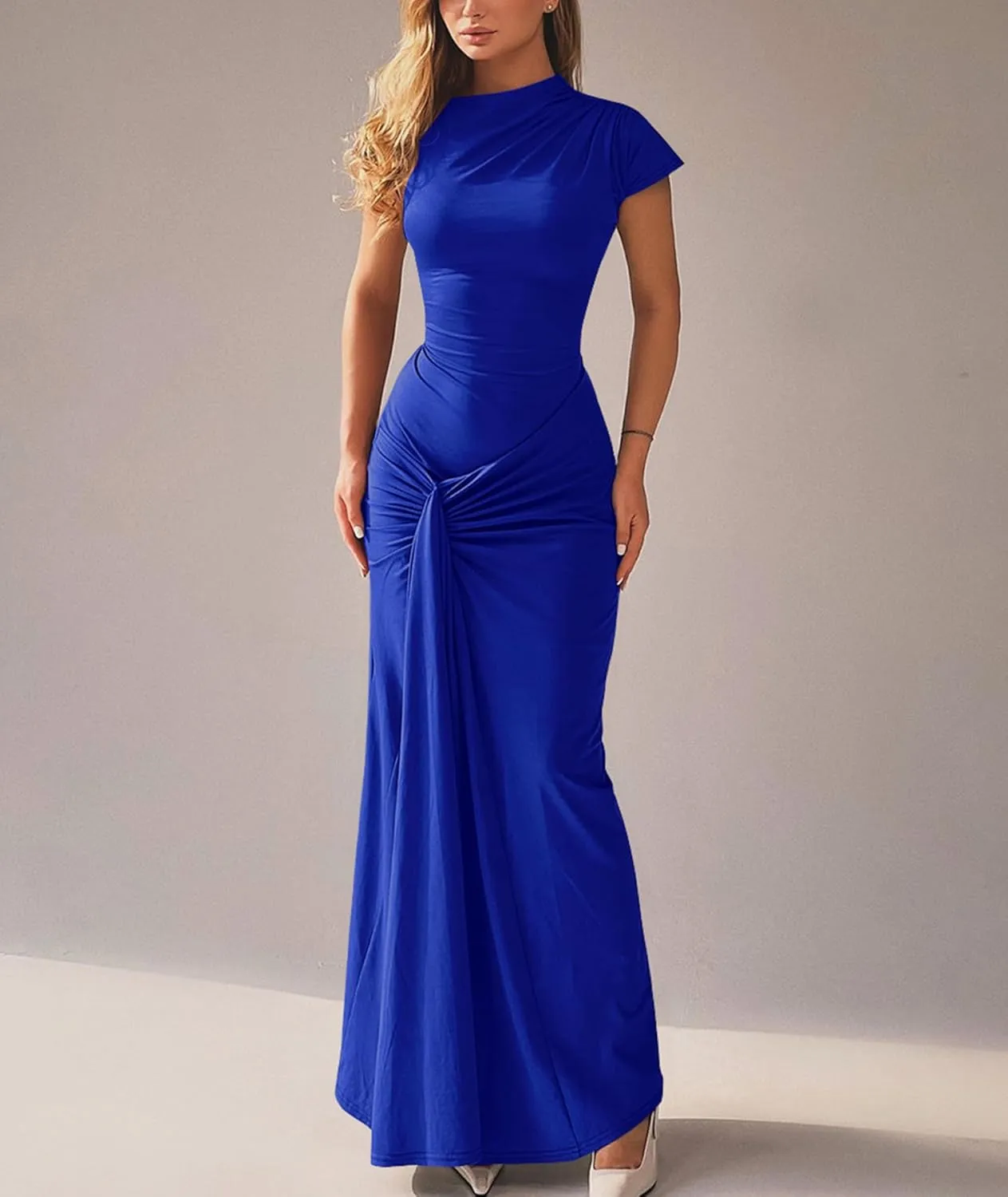 Mojessy Women Bodycon Maxi Dress Sexy Mock Neck Lace Up Bandage Ruched Short Sleeve Long Dress Cocktail Dress
