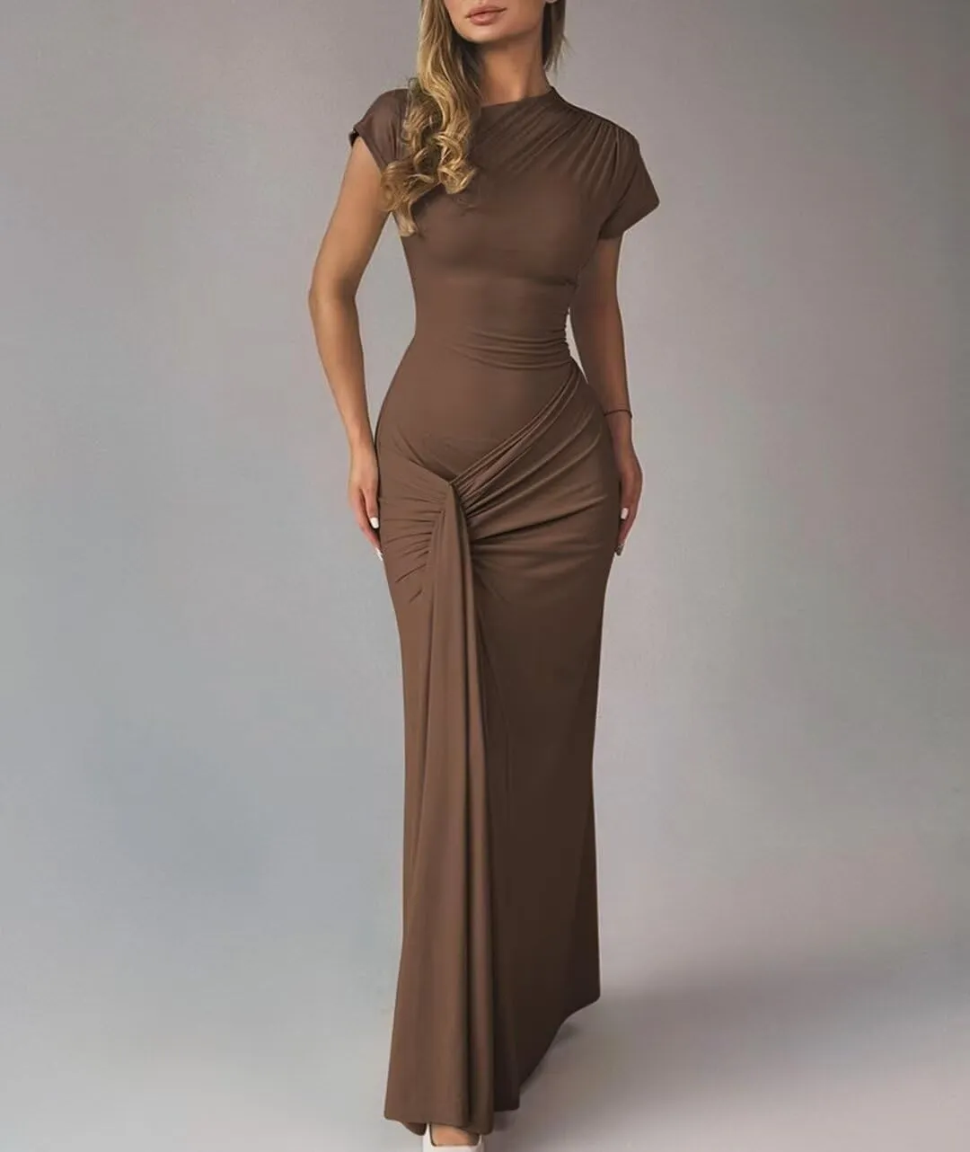 Mojessy Women Bodycon Maxi Dress Sexy Mock Neck Lace Up Bandage Ruched Short Sleeve Long Dress Cocktail Dress