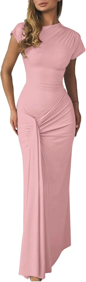 Mojessy Women Bodycon Maxi Dress Sexy Mock Neck Lace Up Bandage Ruched Short Sleeve Long Dress Cocktail Dress