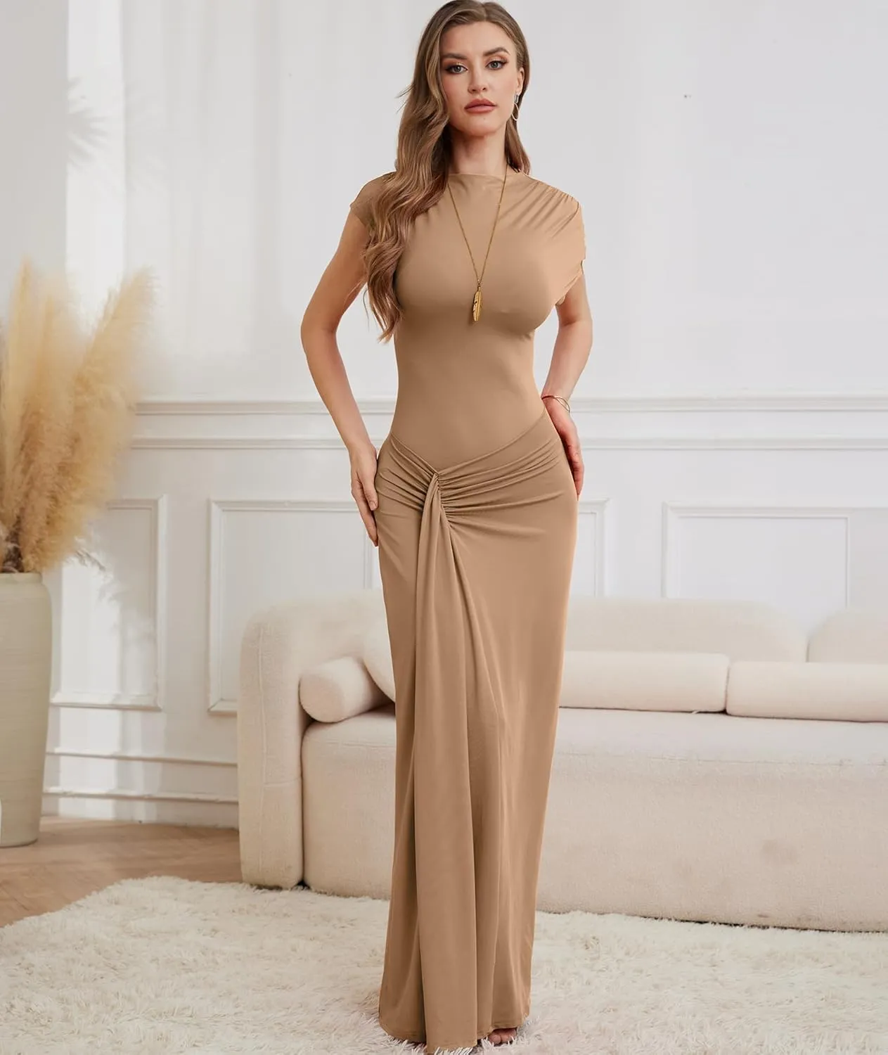 Mojessy Women Bodycon Maxi Dress Sexy Mock Neck Lace Up Bandage Ruched Short Sleeve Long Dress Cocktail Dress