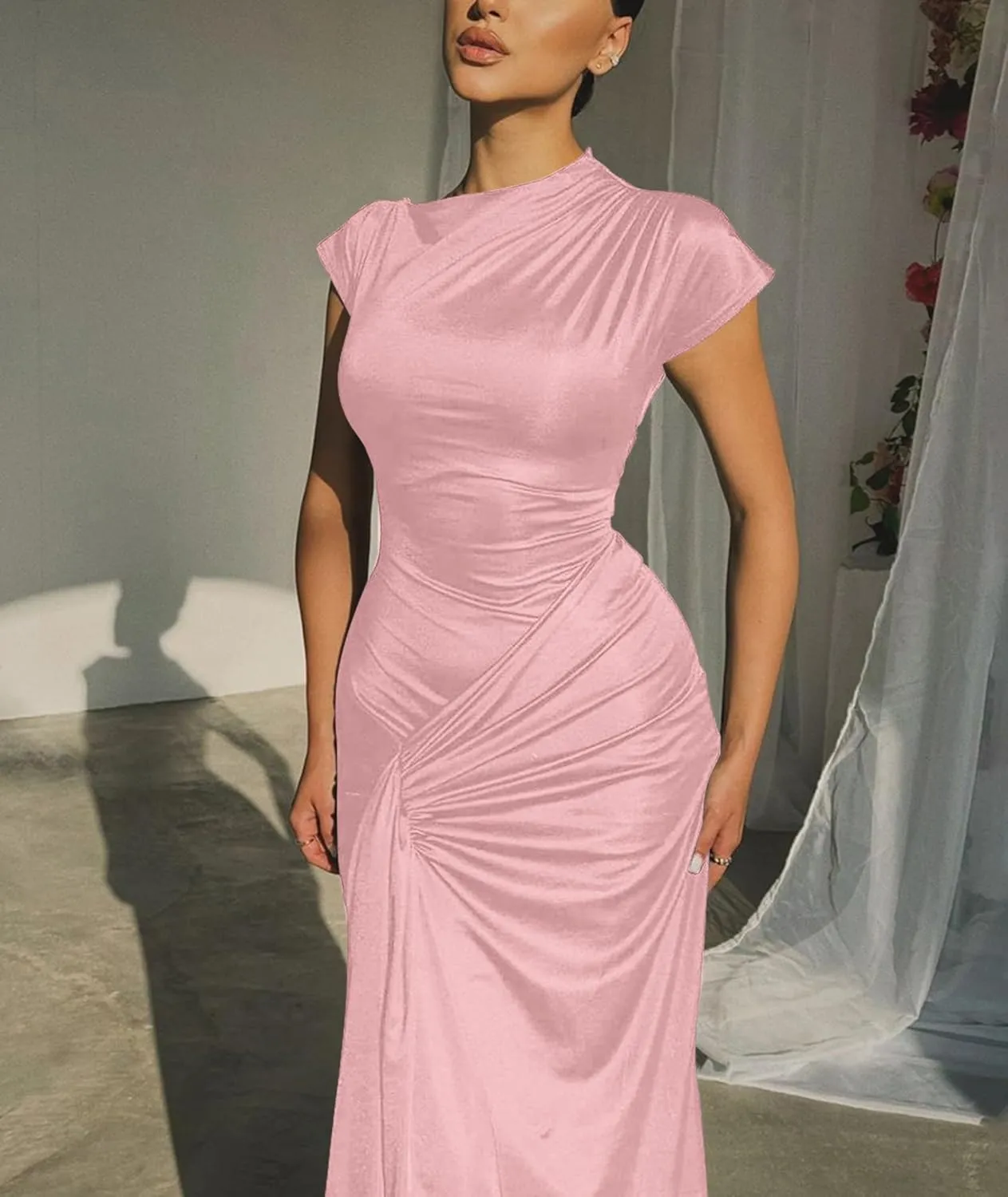 Mojessy Women Bodycon Maxi Dress Sexy Mock Neck Lace Up Bandage Ruched Short Sleeve Long Dress Cocktail Dress