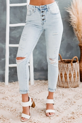 slim fit Moment Of Truth Risen Mid-Rise Distressed Button-Fly Skinny Jeans (Light)
