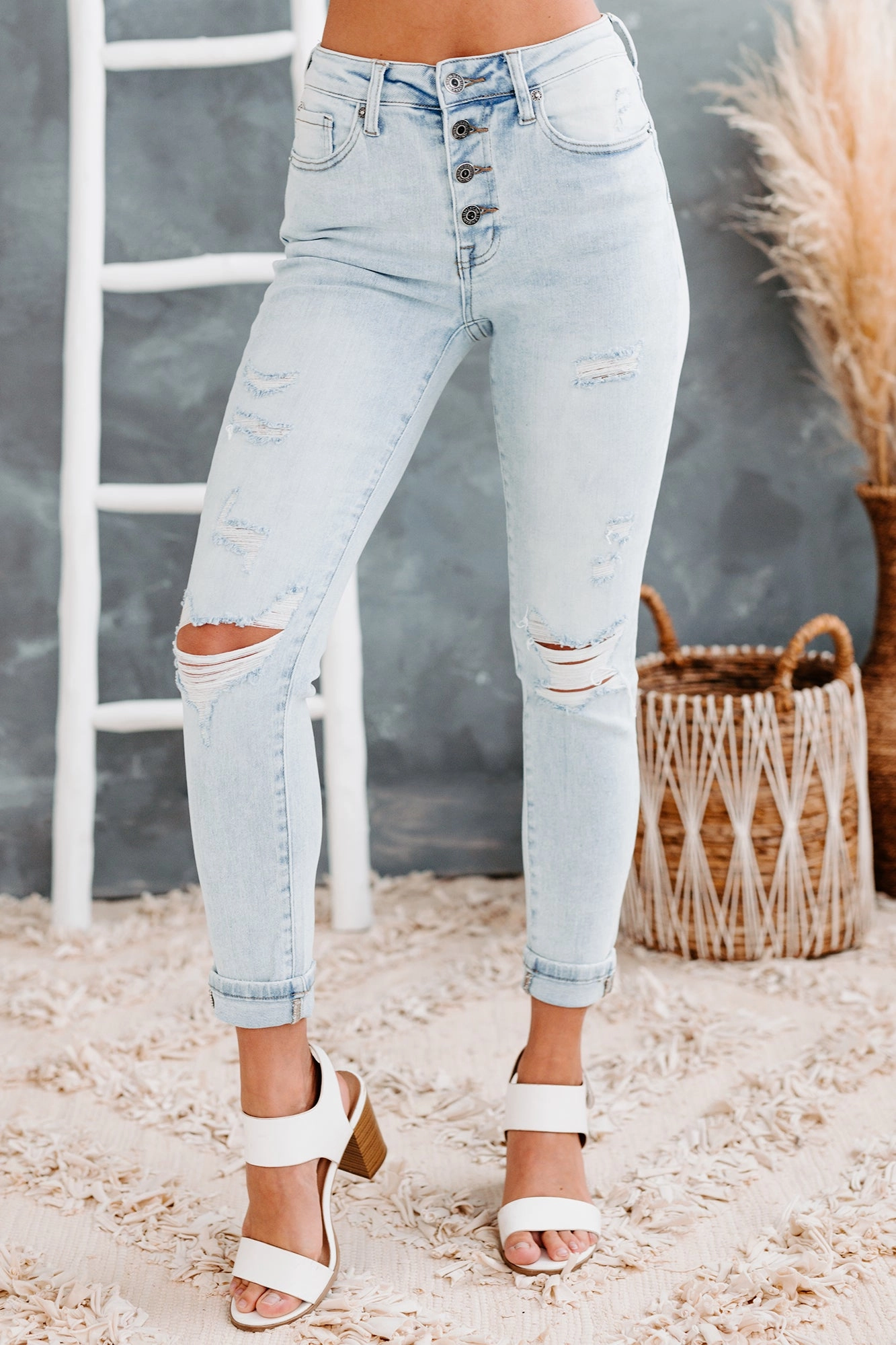 Moment Of Truth Risen Mid-Rise Distressed Button-Fly Skinny Jeans (Light) Casual Sweater SheerLayering