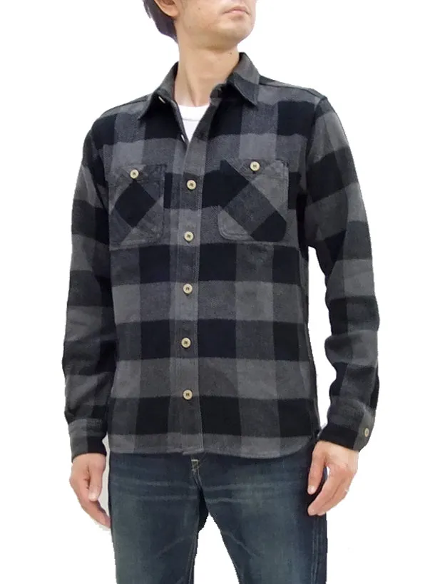 Momotaro Jeans Flannel Shirt Men's Herringbone Twill Buffalo Plaid Long Sleeve Work Shirt MLS1020M23 Gray/Black