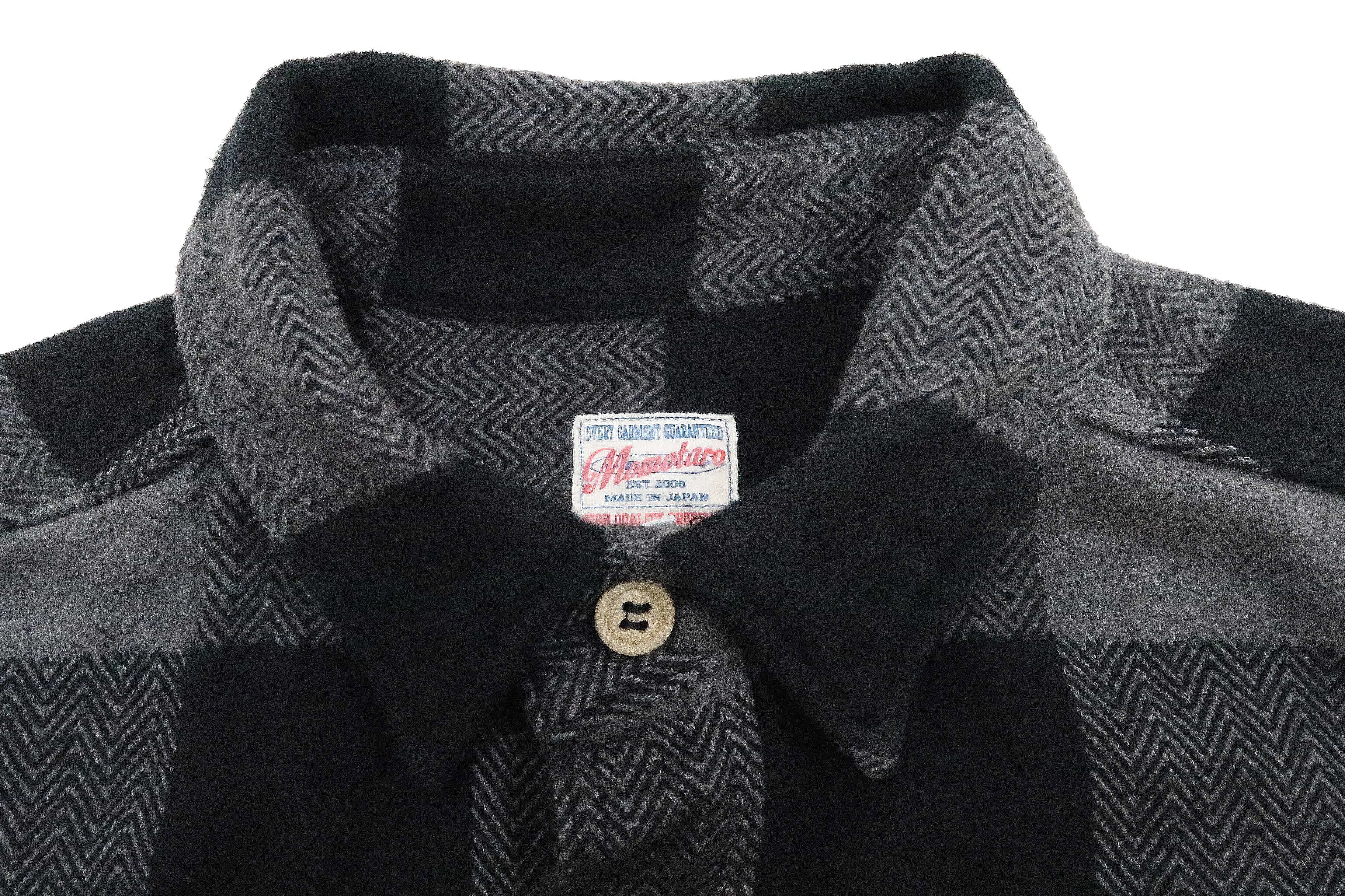 Momotaro Jeans Flannel Shirt Men's Herringbone Twill Buffalo Plaid Long Sleeve Work Shirt MLS1020M23 Gray/Black