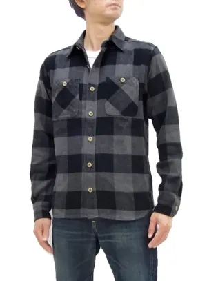 Momotaro Jeans Flannel Shirt Men's Herringbone Twill Buffalo Plaid Long Sleeve Work Shirt MLS1020M23 Gray/Black