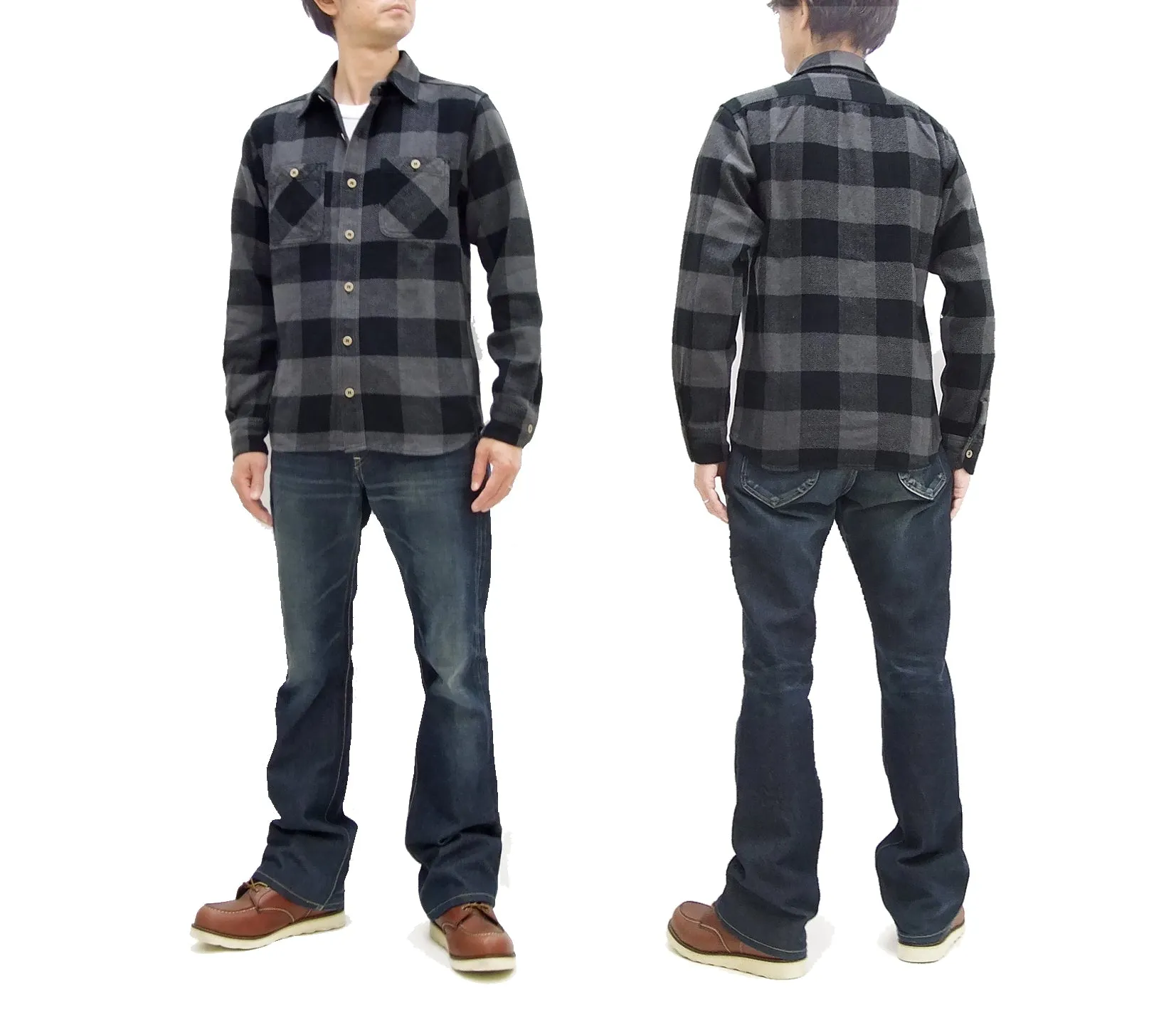 Momotaro Jeans Flannel Shirt Men's Herringbone Twill Buffalo Plaid Long Sleeve Work Shirt MLS1020M23 Gray/Black