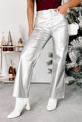 Casual Fit Design pilling resistant Moon Mission Metallic Faux Leather Pants (Silver)