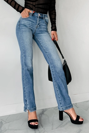 Layered Shoulder Moses Mid Rise Ankle Slit Straight Leg Risen Jeans (Dark)