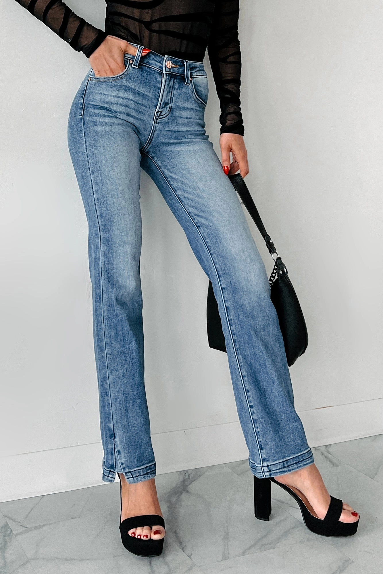 Drop Shoulder AntiPill Texture Moses Mid Rise Ankle Slit Straight Leg Risen Jeans (Dark)