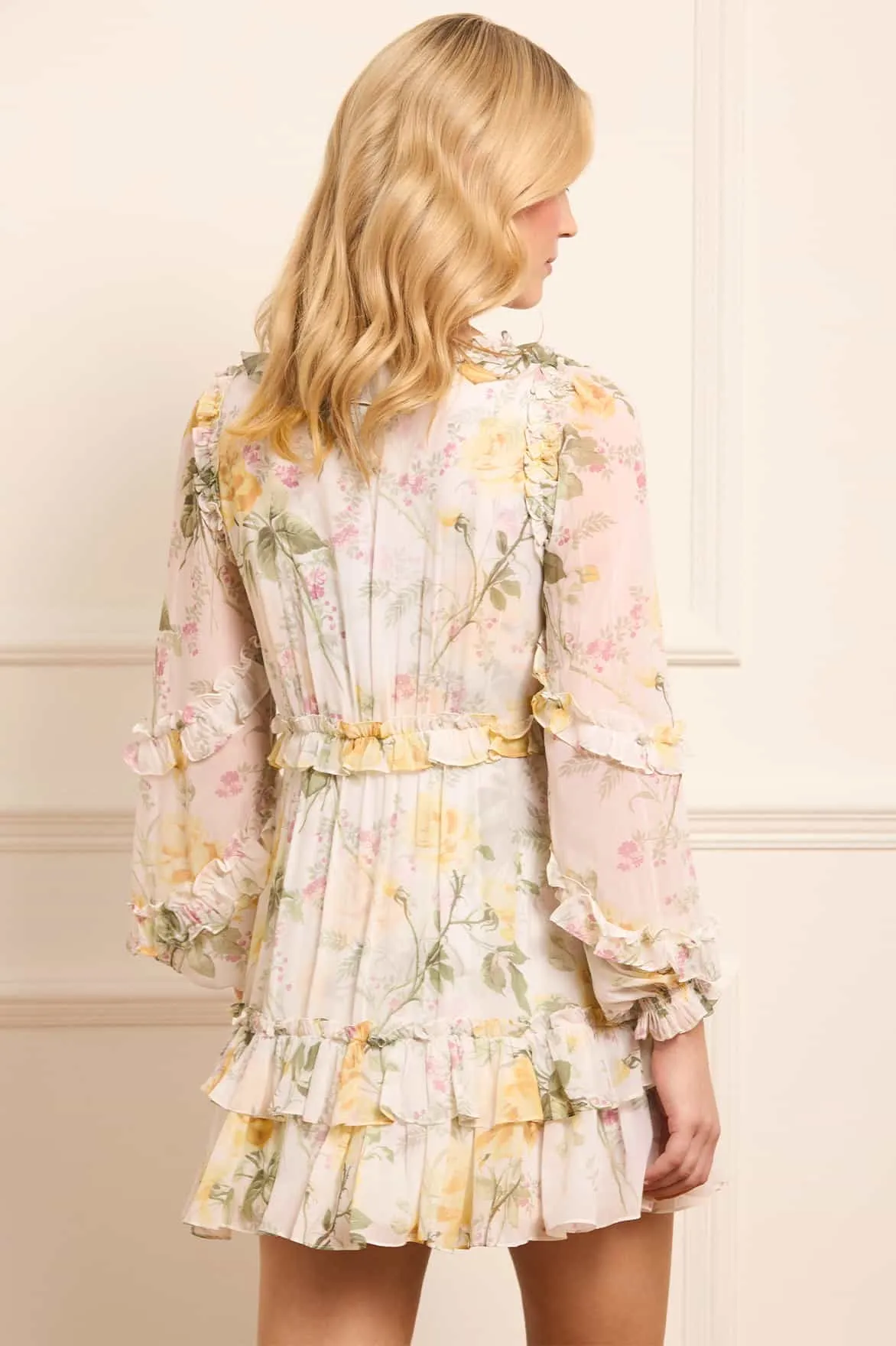 Holiday-Party Rose Chiffon Long Sleeve Micro Mini Dress