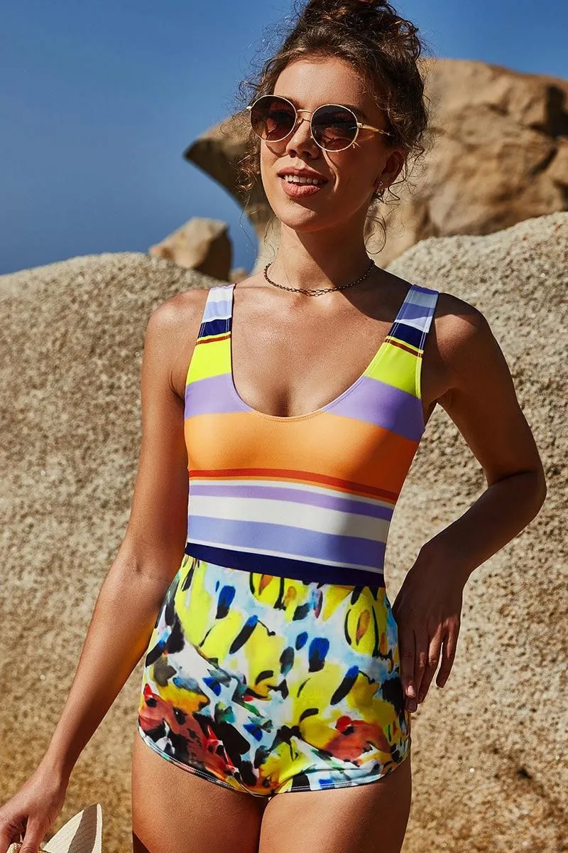MULTI PATTERNED UP AND DOWN ONEPIECE SWIMSUIT Ethical production Mesh Lined Padding