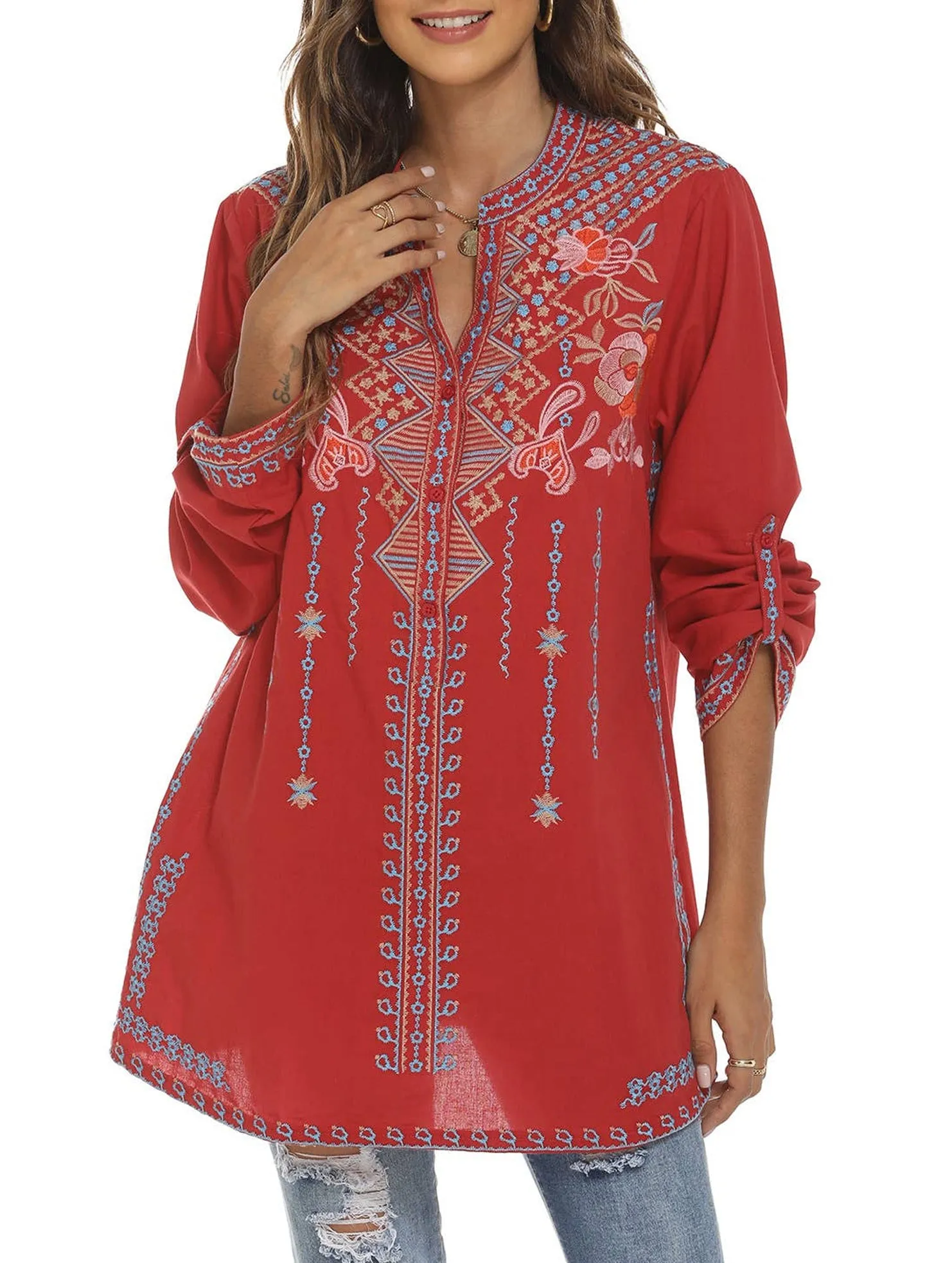 COTTON STAND-UP COLLAR EMBROIDERED SHIRT_CWTBLL0819 Comfortable Fabric Contrast Stitch Detailing