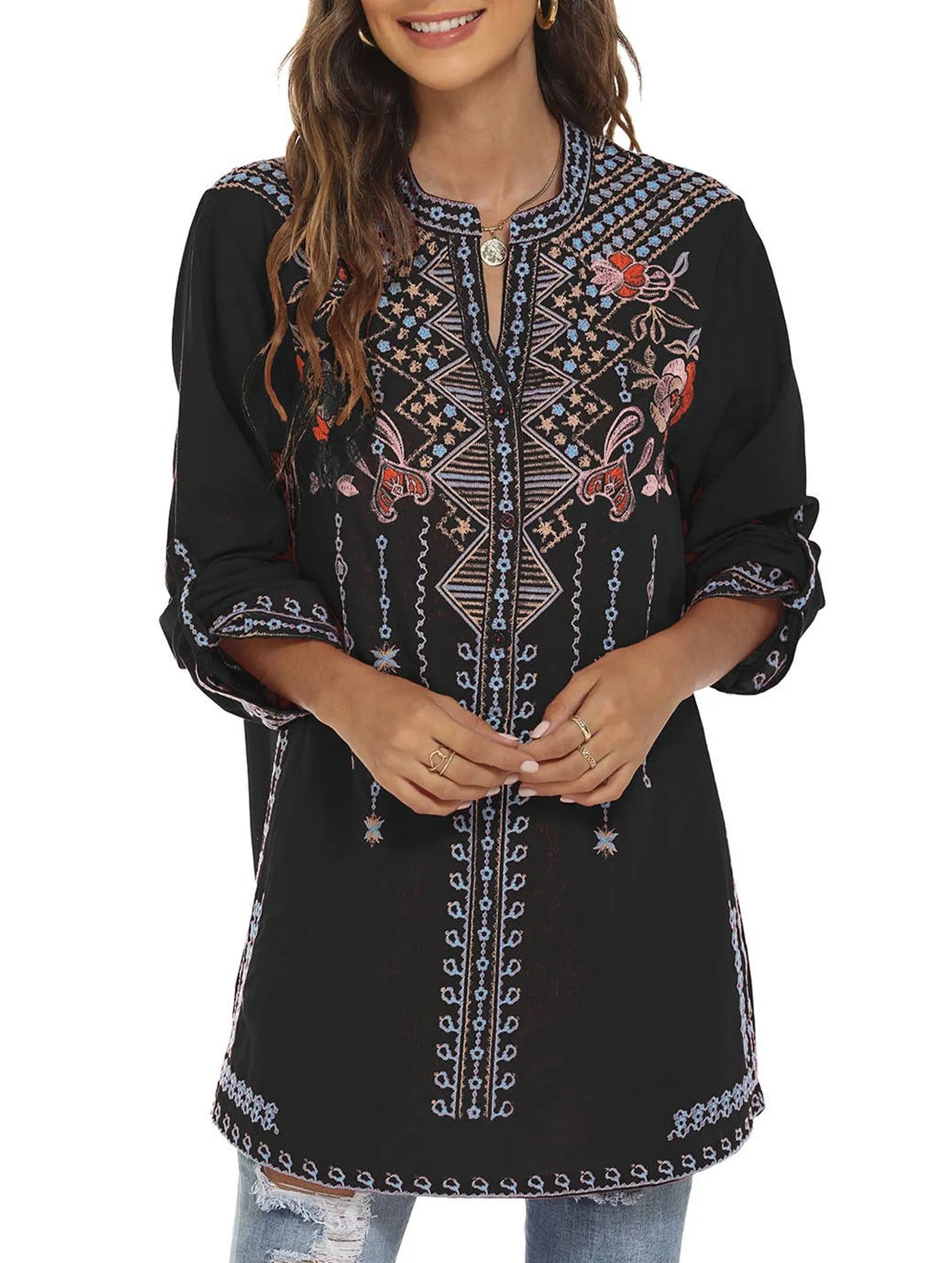 COTTON STAND-UP COLLAR EMBROIDERED SHIRT_CWTBLL0819 Tapered Side Panels Textured Weave Pattern