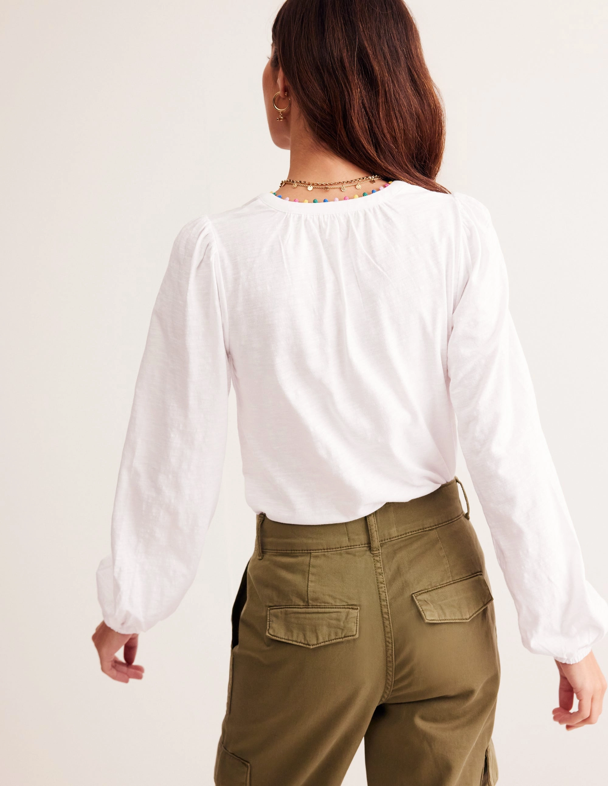 ribbed texture ReinforcedHem Ali Long Sleeve Pom Top-White