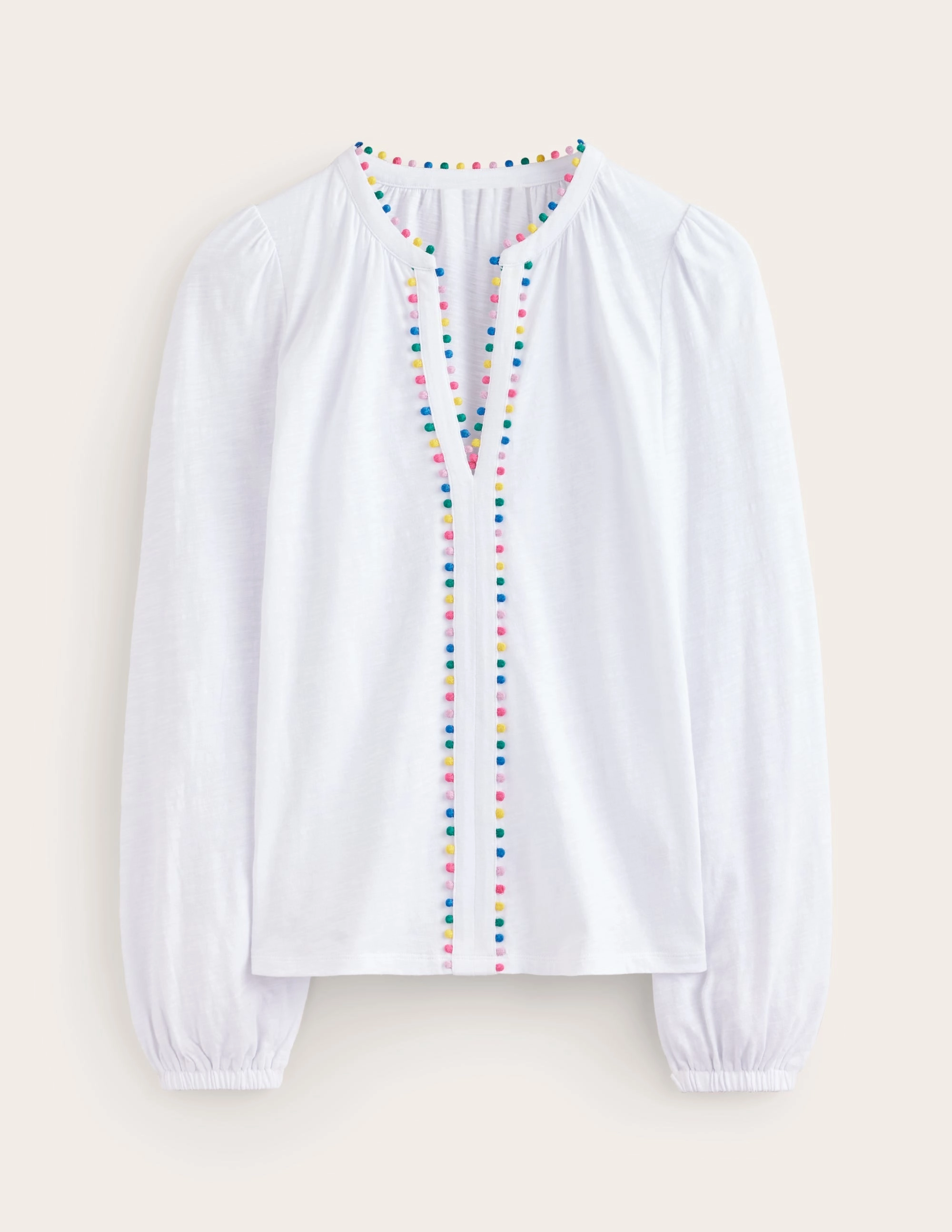 Comfortable Design Self Fabric Tie Ali Long Sleeve Pom Top-White