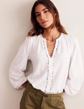 Ali Long Sleeve Pom Top-White Bold Design WrinkleResistantTextile
