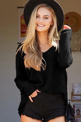 V NECK WAFFLE KNIT LONG SLEEVE TOP StretchMaterial
